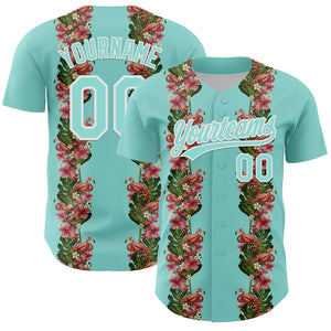 Custom Ice Blue White 3D Tropical Hawaii Plant And Flamingo Authentic Baseball Jersey