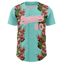 Load image into Gallery viewer, Custom Ice Blue Medium Pink-White 3D Tropical Hawaii Plant And Flamingo Authentic Baseball Jersey
