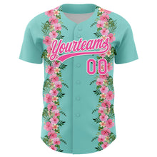 Load image into Gallery viewer, Custom Ice Blue Pink-White 3D Tropical Hawaii Jungle Leaves And Flower Authentic Baseball Jersey
