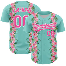 Load image into Gallery viewer, Custom Ice Blue Pink-White 3D Tropical Hawaii Jungle Leaves And Flower Authentic Baseball Jersey
