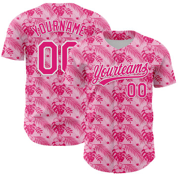 Custom Hot Pink White 3D Tropical Hawaii Jungle Leaves And Flower Authentic Baseball Jersey