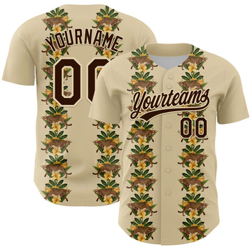 Custom Cream Brown 3D Tropical Hawaii Jungle Plant And Leopard Authentic Baseball Jersey