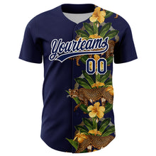 Charger l&#39;image dans la galerie, Custom Navy White 3D Tropical Hawaii Jungle Plant And Leopard Authentic Baseball Jersey
