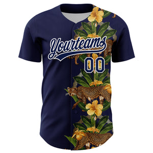 Custom Navy White 3D Tropical Hawaii Jungle Plant And Leopard Authentic Baseball Jersey