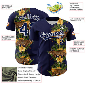 Custom Navy White 3D Tropical Hawaii Jungle Plant And Leopard Authentic Baseball Jersey