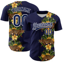 Charger l&#39;image dans la galerie, Custom Navy White 3D Tropical Hawaii Jungle Plant And Leopard Authentic Baseball Jersey
