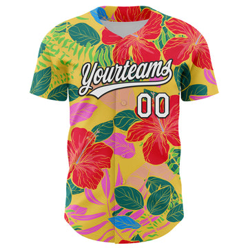 Custom Red White-Black 3D Tropical Hawaii Jungle Leaves And Flower Authentic Baseball Jersey