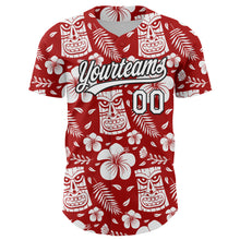 Load image into Gallery viewer, Custom Red White-Black 3D Tropical Hawaii Jungle Leaves Flower And Tiki Mask Authentic Baseball Jersey
