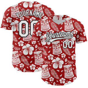 Custom Red White-Black 3D Tropical Hawaii Jungle Leaves Flower And Tiki Mask Authentic Baseball Jersey