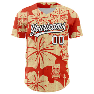 Custom Red White-Black 3D Tropical Hawaii Flower And Tiki Mask Authentic Baseball Jersey