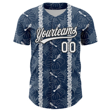 Custom Navy White-Black 3D Tropical Hawaii Jungle Leaves And Flower Authentic Baseball Jersey