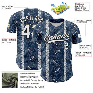 Custom Navy White-Black 3D Tropical Hawaii Jungle Leaves And Flower Authentic Baseball Jersey