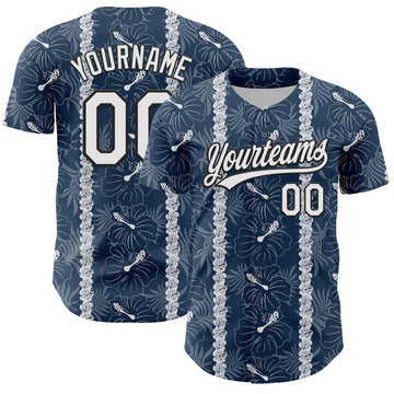 Custom Navy White-Black 3D Tropical Hawaii Jungle Leaves And Flower Authentic Baseball Jersey