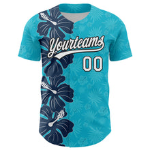 Загрузить изображение в средство просмотра галереи, Custom Lakes Blue White-Black 3D Tropical Hawaii Jungle Leaves And Flower Authentic Baseball Jersey
