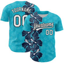 Загрузить изображение в средство просмотра галереи, Custom Lakes Blue White-Black 3D Tropical Hawaii Jungle Leaves And Flower Authentic Baseball Jersey
