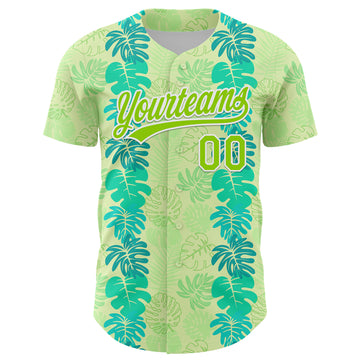 Custom Pea Green Neon Green-White 3D Tropical Hawaii Jungle Leaves Authentic Baseball Jersey