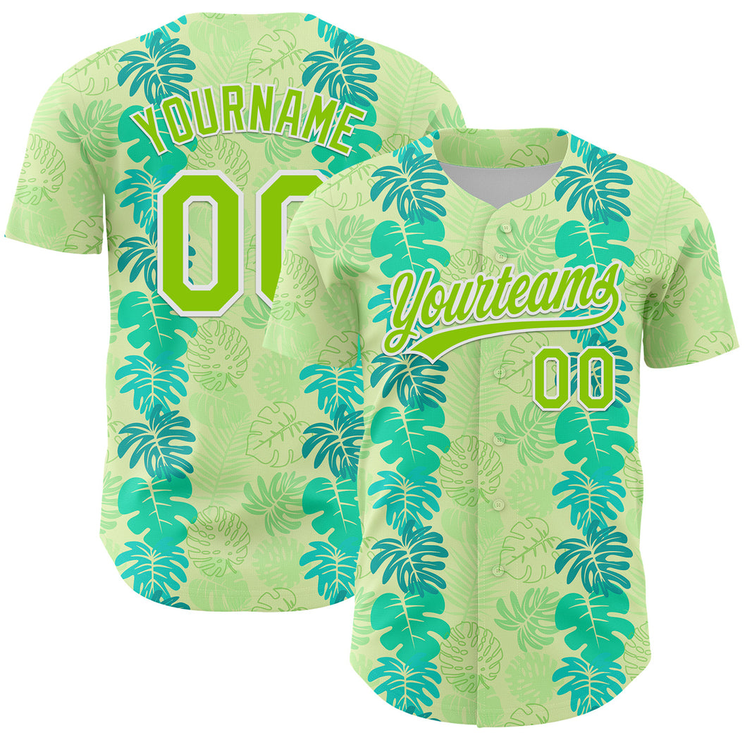 Custom Pea Green Neon Green-White 3D Tropical Hawaii Jungle Leaves Authentic Baseball Jersey