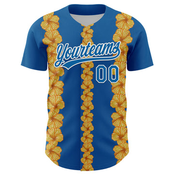 Custom Blue White 3D Tropical Hawaii Flower Authentic Baseball Jersey