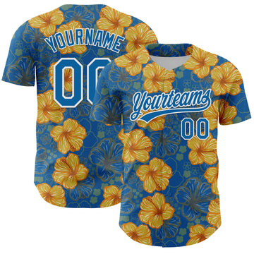 Custom Blue White 3D Tropical Hawaii Flower Authentic Baseball Jersey