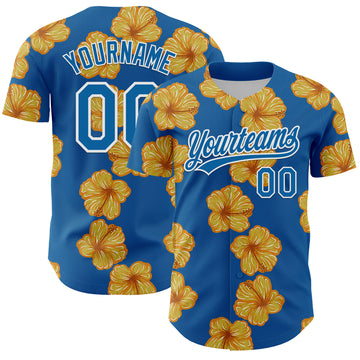 Custom Blue White 3D Tropical Hawaii Flower Authentic Baseball Jersey