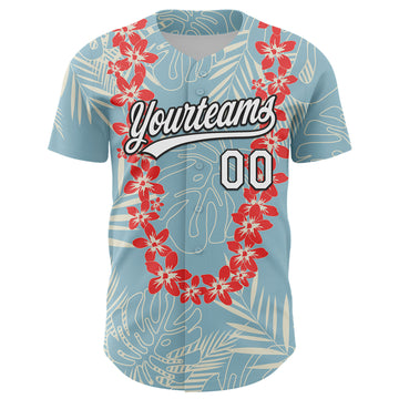 Custom Shadow Blue White-Black 3D Tropical Hawaii Leaves And Flower Authentic Baseball Jersey