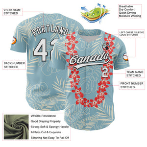 Custom Shadow Blue White-Black 3D Tropical Hawaii Leaves And Flower Authentic Baseball Jersey