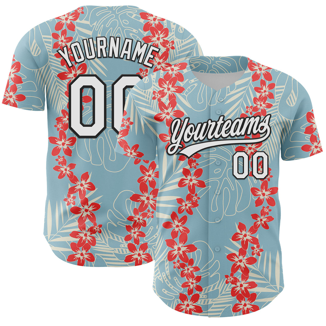 Custom Shadow Blue White-Black 3D Tropical Hawaii Leaves And Flower Authentic Baseball Jersey