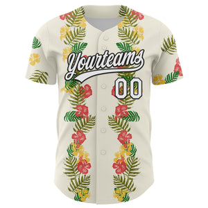 Custom White Black 3D Tropical Hawaii Leaves And Flower Authentic Baseball Jersey