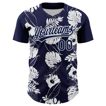 Custom Navy White 3D Tropical Hawaii Leaves And Flower Authentic Baseball Jersey