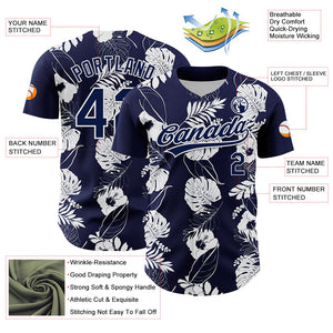 Custom Navy White 3D Tropical Hawaii Leaves And Flower Authentic Baseball Jersey