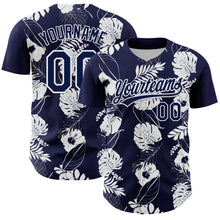 Загрузить изображение в средство просмотра галереи, Custom Navy White 3D Tropical Hawaii Leaves And Flower Authentic Baseball Jersey
