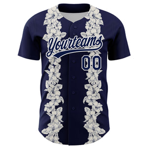 Custom Navy White 3D Tropical Hawaii Leaves And Flower Authentic Baseball Jersey