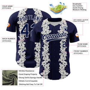 Custom Navy White 3D Tropical Hawaii Leaves And Flower Authentic Baseball Jersey