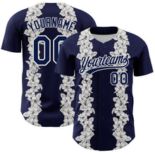 Загрузить изображение в средство просмотра галереи, Custom Navy White 3D Tropical Hawaii Leaves And Flower Authentic Baseball Jersey
