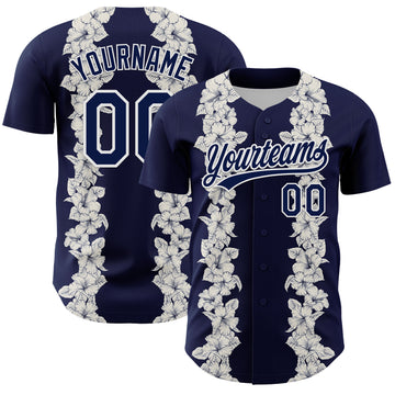 Custom Navy White 3D Tropical Hawaii Leaves And Flower Authentic Baseball Jersey