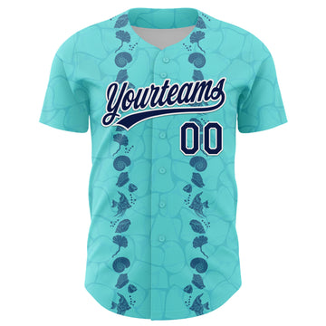 Custom Ice Blue Navy-White 3D Tropical Hawaii Style Authentic Baseball Jersey