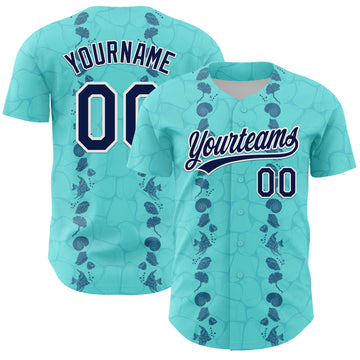 Custom Ice Blue Navy-White 3D Tropical Hawaii Style Authentic Baseball Jersey