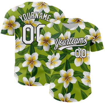 Custom Green White-Black 3D Tropical Hawaii Jungle Leaves And Flower Authentic Baseball Jersey