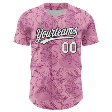 Custom Light Pink White-Black 3D Tropical Hawaii Jungle Leaves And Flower Authentic Baseball Jersey