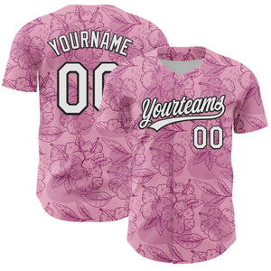 Custom Light Pink White-Black 3D Tropical Hawaii Jungle Leaves And Flower Authentic Baseball Jersey