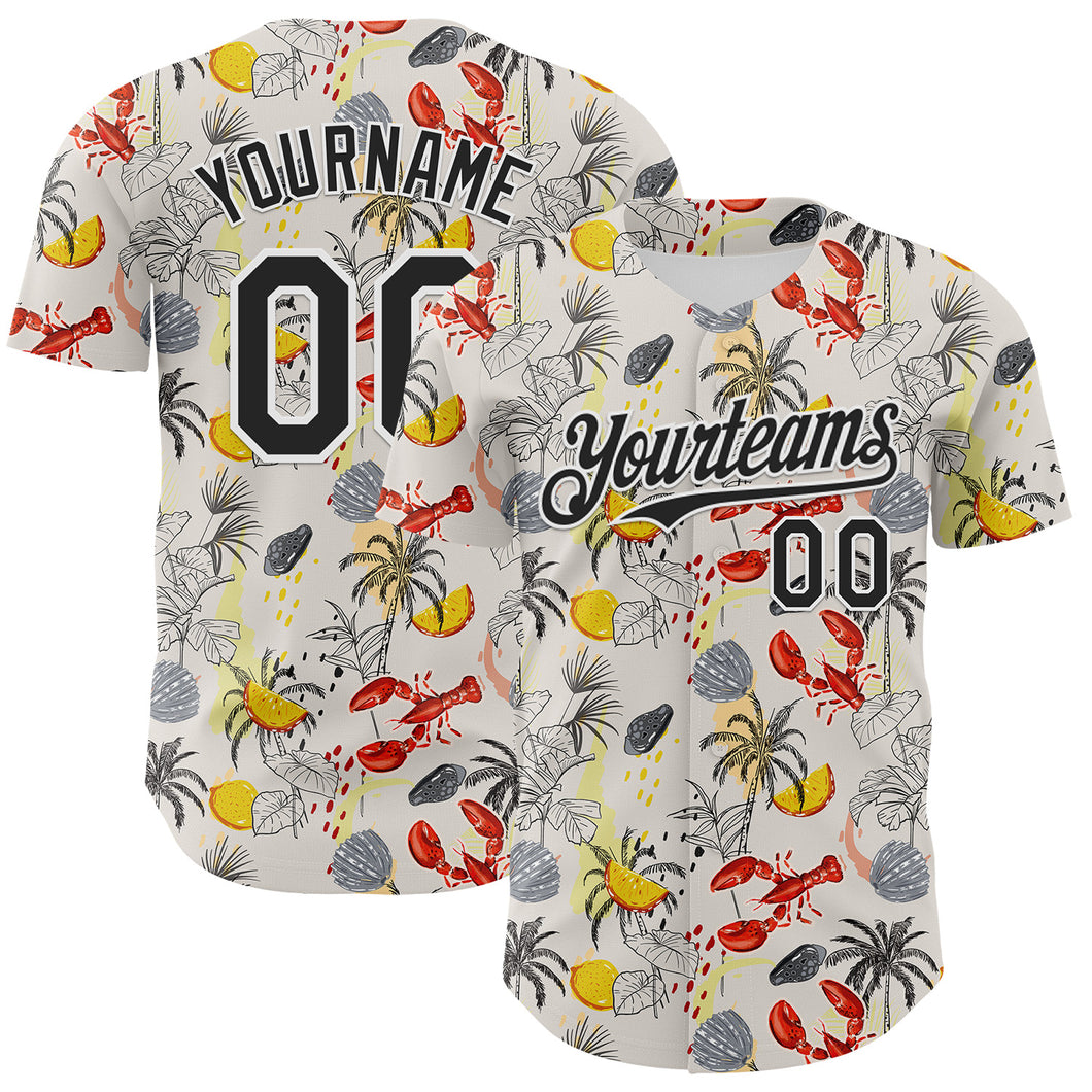 Custom Cream Black-White 3D Hawaii Tropical Palm Tree Lobster Authentic Baseball Jersey