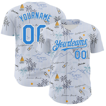 Custom White Electric Blue 3D Hawaii Beach Tropical Palm Tree Authentic Baseball Jersey