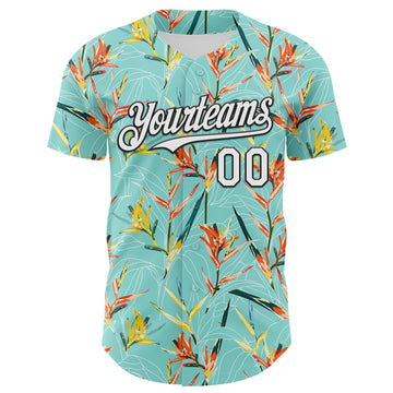 Custom Ice Blue White-Black 3D Hawaii Tropical Leaves Authentic Baseball Jersey