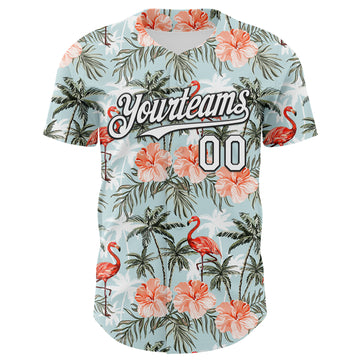 Custom Shadow Blue White-Black 3D Hawaii Tropical Palm Tree Flamingo Authentic Baseball Jersey