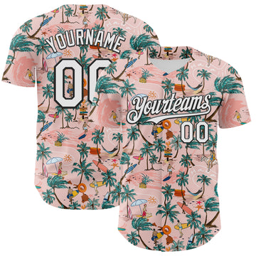 Custom Medium Pink White-Black 3D Hawaii Beach Tropical Palm Tree Surfing Authentic Baseball Jersey