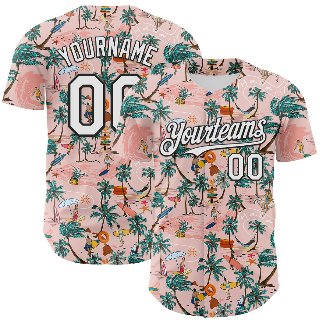 Custom Medium Pink White-Black 3D Hawaii Beach Tropical Palm Tree Surfing Authentic Baseball Jersey