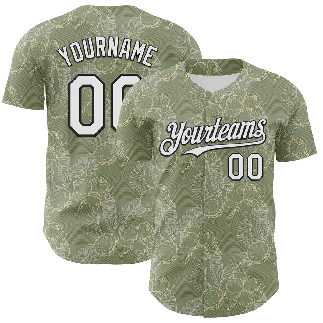 Custom Olive White-Black 3D Hawaii Tropical Coconut Tree Authentic Baseball Jersey