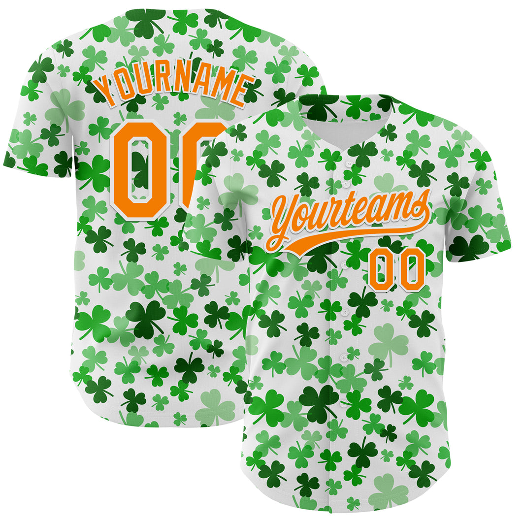 Custom White Bay Orange-Green 3D St. Patrick's Day Shamrock Authentic Baseball Jersey