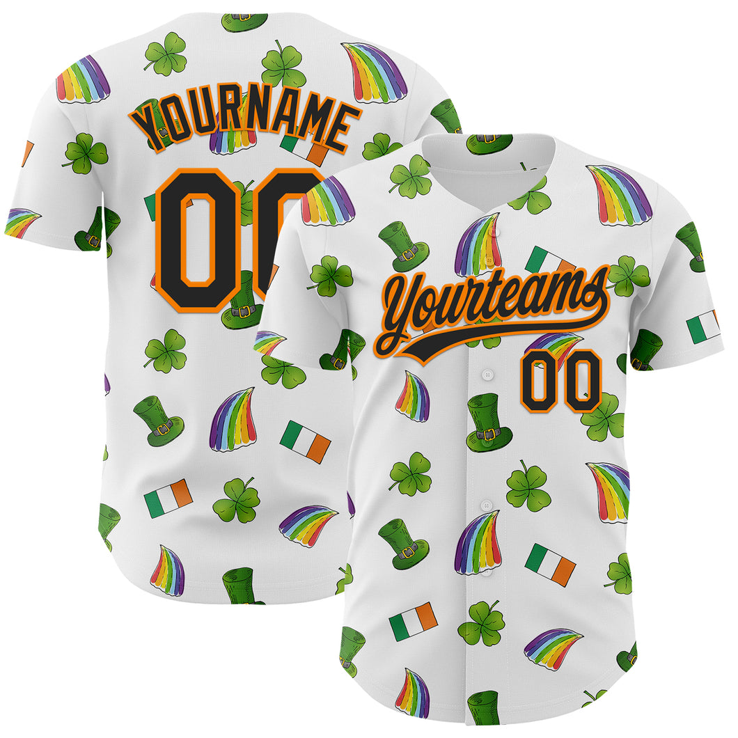 Custom White Black Bay Orange-Green 3D St. Patrick's Day Shamrock Authentic Baseball Jersey