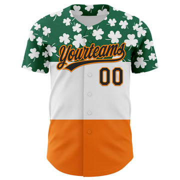 Custom Kelly Green Black-Bay Orange 3D St. Patrick's Day Shamrock Authentic Baseball Jersey